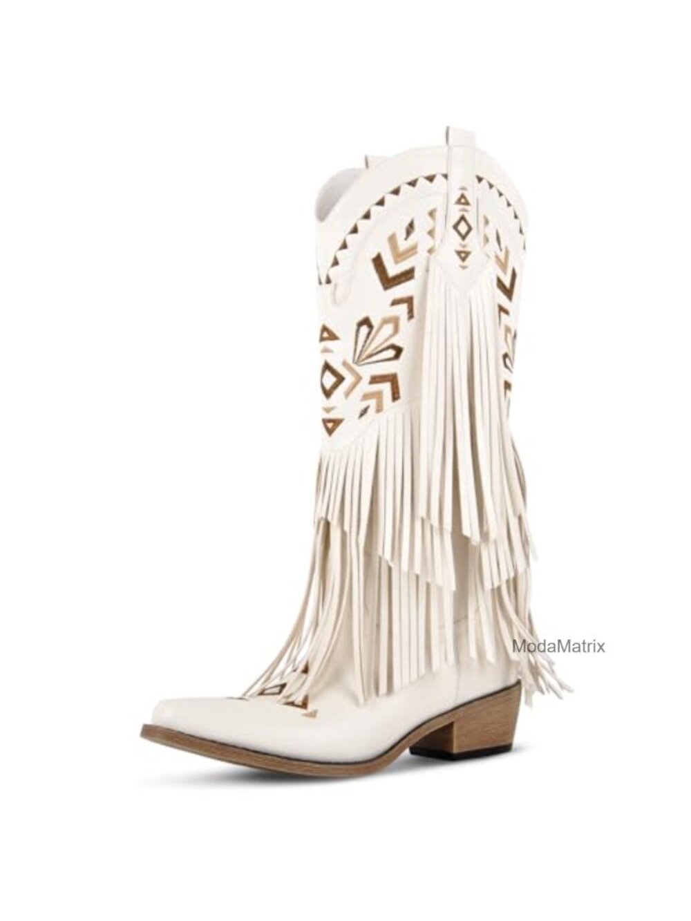 Fringe Cowgirl Boots Knee-High Faux Leather Chunky Heel Western
